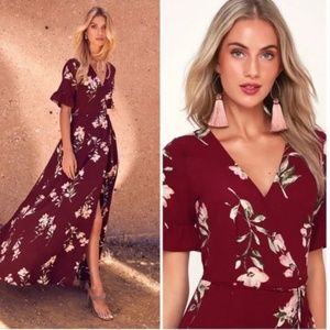 Lulu's | Dresses | Lulus September Sunsets Burgundy Floral Print Wrap Maxi  Dress | Poshmark